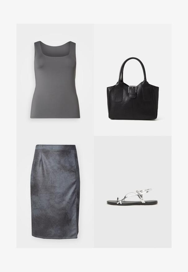 Szürke ujjatlan felső négyzet alakú dekoltáccsal. Simogatós anyagból készült, testhez simuló sziluettel és széles pántokkal.; Szürke műbőr ceruzaszoknya sima textúrával, magas derekkal és bal oldali hasítékkal. Nincsenek látható zárak vagy minták.; Ezüst fémes szandálok minimális kialakítással, vékony pántokkal és fekete lapos talppal. Kiemeli a keresztpántos díszítést.; Fekete bőr bevásárlótáska sima textúrával, strukturált formával, két fogantyúval és egy figyelemfelkeltő ezüst csattal az elején.