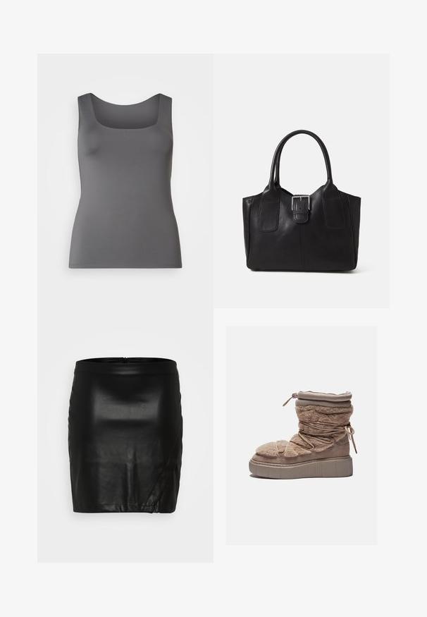 Pelēks bezpiedurkņu tops ar kvadrātveida dekoltē. Izgatavots no gludas auduma, ar pieguļošu siluetu un platām plecu siksnām.; Melnā mini svārku no spīdīgas mākslīgās ādas ar gludu tekstūru un nedaudz plūstošu priekšpusi. Iekļauts diskrets aizmugurējais rāvējslēdzis.; Kažokāda bežīga potīšu zābaku ar masīvu platformas zoli, pulcinātu augšdaļu un elastīgām auklām. Aprīkots ar rāvējslēdzēju un mīkstu auduma tekstūru.; Melnas ādas somiņa ar gludu tekstūru, strukturētu formu, divām rokturām un izteiktu sudraba sprādzi priekšpusē.