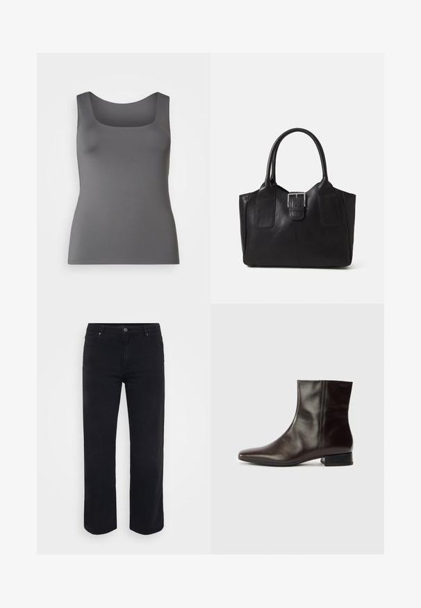 Sivi top bez rukava sa kvadratnim izrezom. Napravljen od glatkog materijala, s uskim krojem i širokim naramenicama.; Crne traperice s ravnim nogavicama. Značajke uključuju gumb za zatvaranje struka, petlje za remen te prednje/zadnje džepove. Glatka tekstura.; Smeđa kožna gležnjača sa špicastim vrhom, glatke teksture, srednje visoke pete i jednostavnog dizajna. Minimalistički stil bez ukrasa.; Crna kožna torba za nošenje s glatkom teksturom, strukturiranim oblikom, dvije ručke i istaknutim srebrnim kopčanjem na prednjoj strani.
