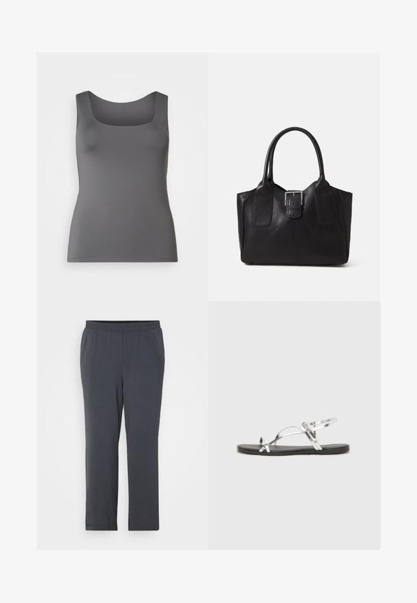 Gray tank top with a square neckline. Made of smooth fabric, featuring a close-fitting silhouette and wide shoulder straps.; Dark gray pants with an elastic waistband, crafted from a textured fabric. Straight cut with a smooth finish and no visible embellishments.; Silver metallic sandals with a minimal design, featuring thin straps and a black flat sole. Highlights include cross strap accents.; Black leather tote bag with smooth texture, structured shape, two handles, and a prominent silver buckle detail on the front.; Silver flower-shaped earrings with a textured finish, featuring long hooks and petal-like details for an intricate design.