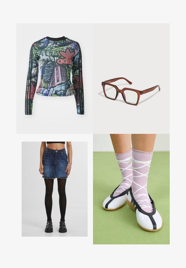 Hosszú ujjú sportfelső, amely grafikás nyomattal rendelkezik élénk színekben, beleértve a feketét, zöldet és vöröset, valamint három fekete csíkot mindkét ujján.; Farmer mini szoknya rojtos szegéllyel, magas derekú, elülső zsebekkel és kék mosással. Fekete opál harisnyával és tömör fekete cipőkkel viselve.; Fehér lapos cipők fekete díszítéssel és talppal, világos lila bordázott zoknikkal, fehér keresztszalagokkal. Zöld háttér előtt.; Barna, túlméretes, téglalap alakú szemüveg, átlátszó lencsékkel, a jobb lencsén enyhe rózsaszín árnyalattal. Műanyag keret sima felülettel.