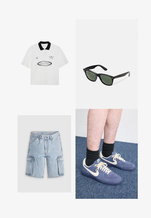 Valge polo särk musta kraega, millel on mustad graafilised printid: "URTRN" ja tähekaunistus. Lühikesed varrukad ja klassikaline lõige.; Heledad sinine denimist cargo-lühikesed püksid, millel on mugav lõige, kahe külje tasku ja õmbluste äärde õmmeldud detailid.; Nike tossud tumesinise sametise pealispinnaga ja kreemjatest aktsentidest. Omavad lamekõrve, ümarat varbaosa ja kummist tallat. Kandsid musti ribatud sokke.; Mustad mustan plastiku prillid roheliste läätsedega, ruudukujulised raamid, hõbedane aksent kulmude peal ja tekstuuriga tempelkäed. Brändi nimi on märgitud sisevarrele.