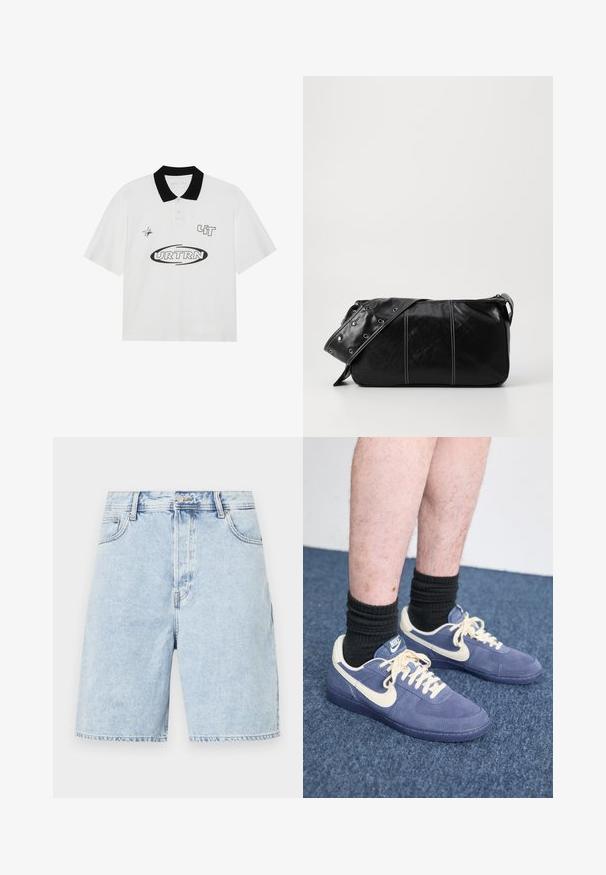 Balta polo marškinėliai su juodu apykaklė, puošiami juodais grafikos atspaudais: "URTRN" ir žvaigždės dizainu. Trumpomis rankovėmis ir klasikinio kirpimo.; Šviesiai mėlynos džinsinės šortai su laisvu siluetu, turintys užtrauktuką, penkias kišenes ir kontrastingus siūlus palei siūles.; Nike sportbačiai su tamsiai mėlynu tekstiliniu viršumi ir grietinėlės spalvos akcentais. Yra plokščios raišteliai, apvalus pirštas ir guminiu padu. Dėvimos juodos raukšlėtos kojinės.; Juodas odinis pečių krepšys su užtrauktuku, turintis tekstūruotą paviršių, baltą siuvinėjimą ir dirželį su sidabinėmis metalinėmis detalėmis.