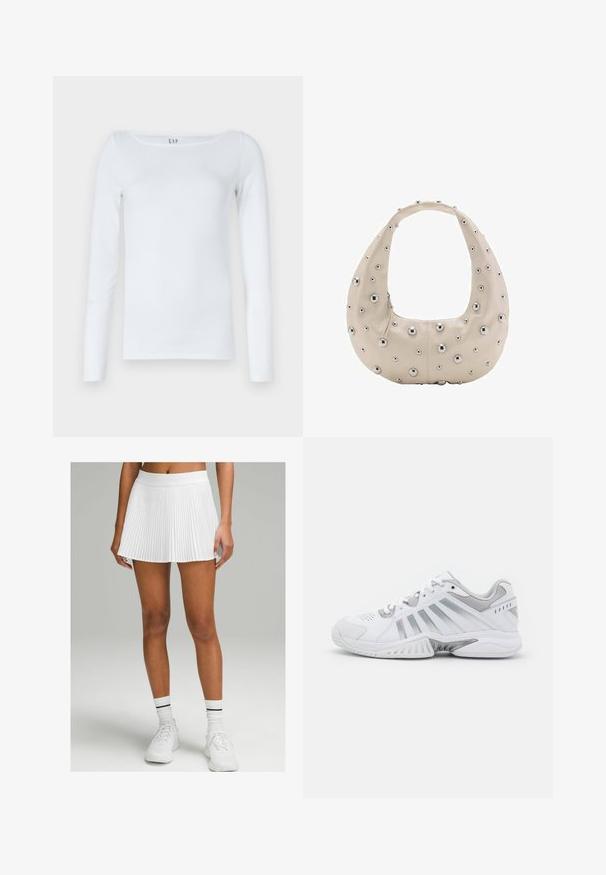White long-sleeve shirt made of cotton blend, featuring a scoop neckline and a slim fit design. No visible patterns or accents.; White pleated skirt with a wide waistband, featuring a flared silhouette. Worn with white sneakers and ribbed socks with black stripes.; White athletic shoes with gray accents, textured mesh panels, ventilation perforations, and a distinctive sole design for traction.; Beige leather bag with a hobo shape, featuring silver metal studs in varying sizes across the exterior, contrasting zipper closure.
