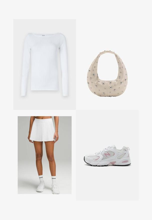 Bílá košile s dlouhým rukávem vyrobená z bavlněné směsi, s kulatým výstřihem a štíhlým střihem. Žádné viditelné vzory ani detaily.; Bílá plisovaná sukně s širokým pasem, s rozšířeným střihem. Nosit s bílými teniskami a žebrovanými ponožkami s černými pruhy.; Bílé sportovní boty se síťovaným a syntetickým svrškem, růžovými detaily, polstrovaným límcem a černou gumovou podrážkou. Disponují viditelnými perforacemi a logem.; Beige kožená taška s hobo tvarem, zdobená stříbrnými kovovými nýty různých velikostí po celém povrchu a kontrastním zipem.