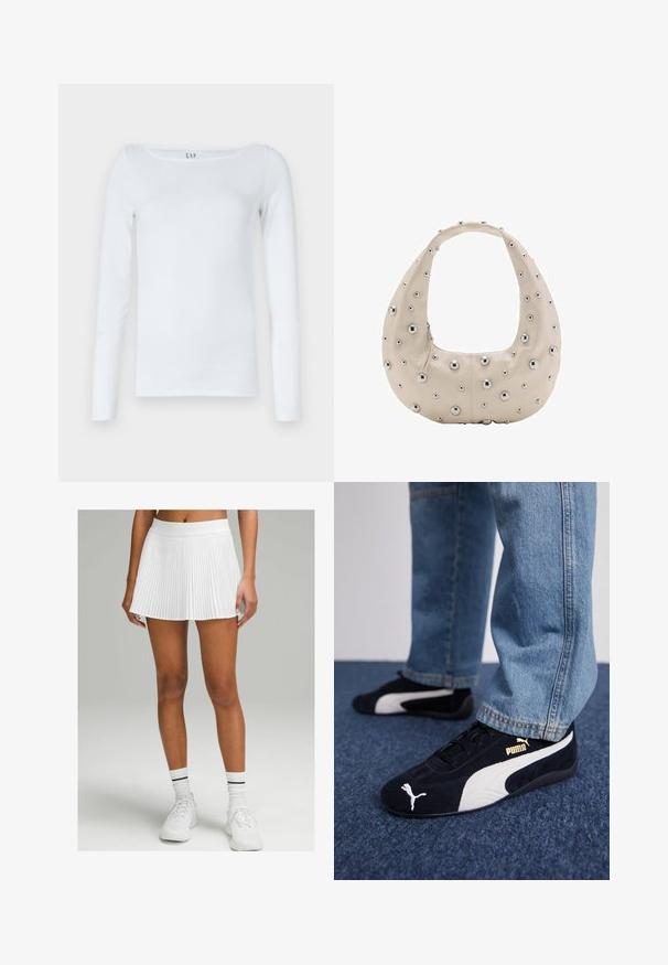 Bílá košile s dlouhým rukávem vyrobená z bavlněné směsi, s kulatým výstřihem a štíhlým střihem. Žádné viditelné vzory ani detaily.; Bílá plisovaná sukně s širokým pasem, s rozšířeným střihem. Nosit s bílými teniskami a žebrovanými ponožkami s černými pruhy.; Černé semišové tenisky s bílými akcenty a zlatým logem. Nosené s světle modrými jeany a položené na strukturovaném modrém povrchu.; Beige kožená taška s hobo tvarem, zdobená stříbrnými kovovými nýty různých velikostí po celém povrchu a kontrastním zipem.