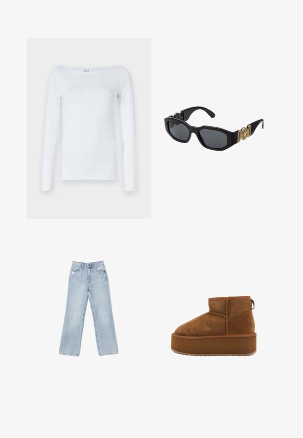 Biała koszula z długim rękawem wykonana z mieszanki bawełny, charakteryzująca się okrągłym dekoltem i dopasowanym krojem. Brak widocznych wzorów lub akcentów.; Jasnoniebieskie dżinsy o szerokim kroju, z wystrzępieniami, pięcioma kieszeniami oraz zapięciem na zamek błyskawiczny.; Brązowy zamszowy botek za kostkę z okrągłym noskiem i platformą. Posiada mały obcas oraz pętlę ułatwiającą zakładanie. Teksturowana powierzchnia z detalami szwów.; Czarne okulary przeciwsłoneczne z masywną, geometryczną ramką, ciemnymi soczewkami i złotymi metalowymi akcentami na zausznikach, z okrąłym detalem herbu.