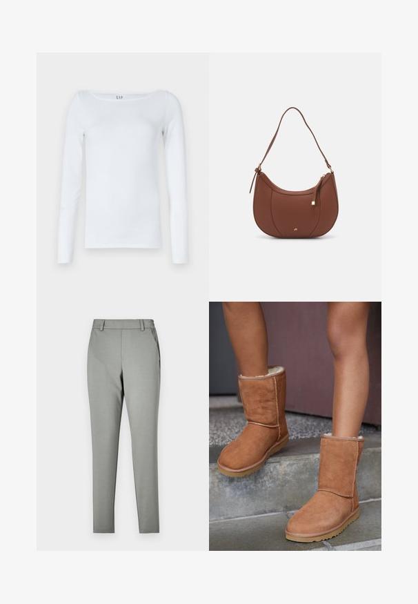 Camicetta bianca a maniche lunghe in misto cotone, con scollatura a girocollo e design slim fit. Nessun motivo o accento visibile.; Pantaloni grigi chiari con vestibilità sartoriale, realizzati in un tessuto liscio. Presentano una vita con passanti per cintura e tasche laterali, design a gamba affusolata.; Stivaletti in suede marrone con punta rotonda, fodera morbida e suola in gomma, caratterizzati da dettagli di cucitura visibili lungo le cuciture.; Borsa a spalla in finta pelle marrone con forma curvata, cuciture minime e un accento in metallo dorato. Presenta una chiusura con zip superiore e una tracolla regolabile.