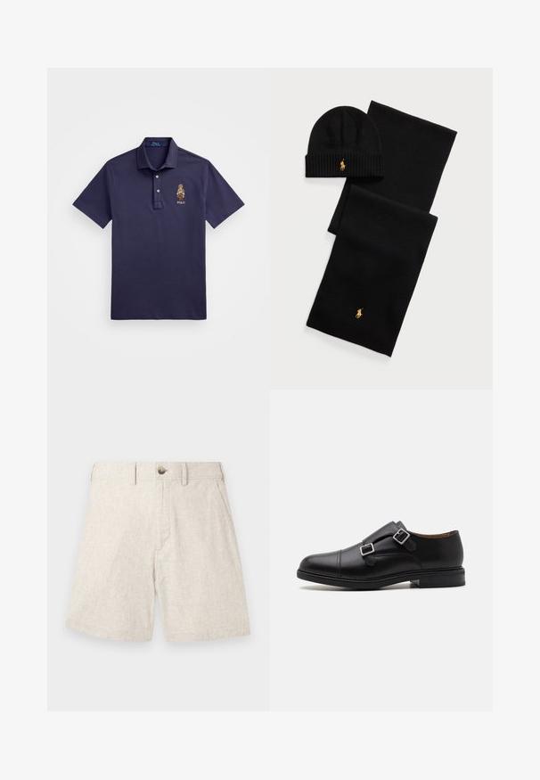 Polo Ralph Lauren CUSTOM SLIM POLO BEAR MESH POLO SHIRT - Polo shirt - faded blue bear; Light beige linen shorts with a textured fabric, featuring a front button closure, two side pockets, and a tailored design.; Black leather dress shoe with double buckle closure, rounded toe, subtle stitching, and a flat, textured rubber sole.; Black knit beanie and scarf set. Features ribbed texture and gold logo accents. Soft fabric with a sleek design, suitable for cold weather.