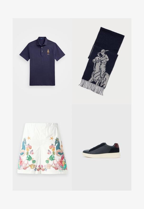 Polo Ralph Lauren CUSTOM SLIM POLO BEAR MESH POLO SHIRT - Polokošeľa - faded blue bear; Biele kraťasy z látky s farebnými grafikami na tému oceánu, vrátane koníkov, mušlí a hviezdníc, s pásom na sťahovanie.; Pánske nízkopoložené tenisky z čiernej kože a semisuku s vínovým pätovým pásikom a bielou gumovou podrážkou, zobrazené z vonkajšej strany.; Námornícky modrý šál s šedou grafikou jazdca na koni hrajúceho polo, s třásňami na okrajoch.