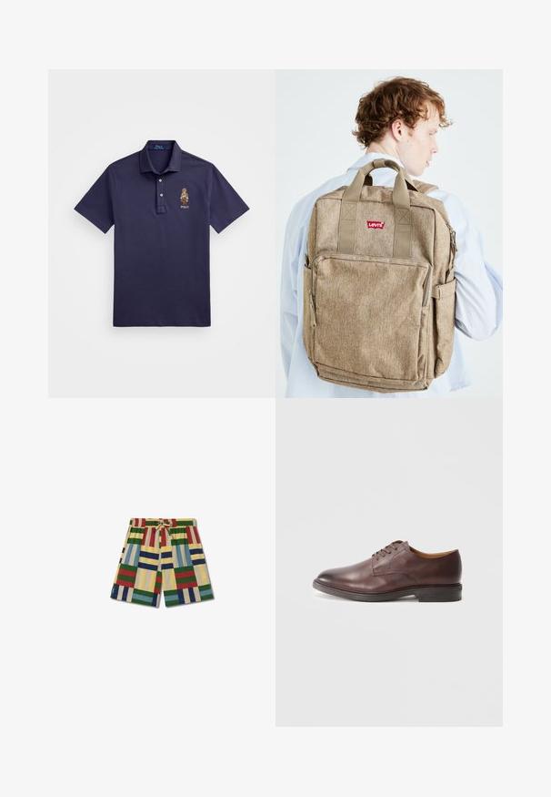 Polo Ralph Lauren CUSTOM SLIM POLO BEAR MESH POLO SHIRT - Polo - faded blue bear; Thinking Mu HENRY - Pantalon de survêtement - pale yellow; Chaussure formelle pour homme en cuir marron avec lacets, finition lisse et talon empilé sur fond blanc.; Un sac à dos en tissu brun avec plusieurs poches, des bretelles robustes et un petit logo rouge. Il présente une surface texturée et une forme rectangulaire.