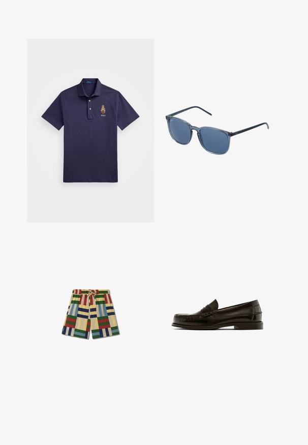 Polo Ralph Lauren CUSTOM SLIM POLO BEAR MESH POLO SHIRT - Polotričko - faded blue bear; Thinking Mu HENRY - Teplákové kalhoty - pale yellow; Hnědé kožené mokasíny s zaoblenou špičkou, dekorativním prošíváním a nízkým podpatkem. Hladký povrch s minimálními kovovými prvky a klasickým designem.; Modré obdélníkové sluneční brýle s šedými tónovanými skly, plastovým rámem, metalickými akcenty a matným povrchem na nožičkách.