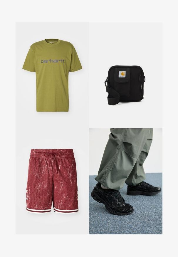 Olive green cotton t-shirt featuring a rounded neckline and short sleeves, with a blue "carhartt." logo across the chest.; Red mesh shorts with a textured pattern, white accents, and a drawstring waist. Features side pockets and a logo on the left leg.; Black athletic sneakers with glossy and mesh textures, featuring a thick sole and laces, paired with loose olive-green cargo pants.; Black crossbody bag with a zippered main compartment, front pocket, adjustable strap, and a visible logo patch on the flap.