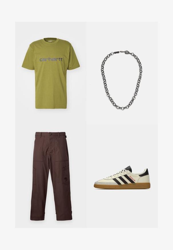 Camiseta de algodón verde oliva con cuello redondo y mangas cortas, con un logo azul "carhartt." en el pecho.; Pantalones cargo marrones hechos de tela duradera. Presentan dos bolsillos laterales, un cierre de botón y bordado del logo en la pierna.; Zapatillas Adidas Spezial en crema y negro con suela de goma, rayas negras, costuras rojas y la marca "Spezial" en el lateral.; Collar de cadena de metal con eslabones alargados en un color gris oscuro. Presenta un acento geométrico y un cierre con detalle de marca.