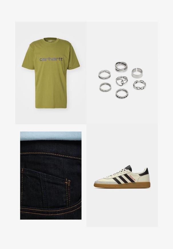 Olīvu zaļa kokvilnas T-kreklu ar noapaļotu kaklu un īsām piedurknēm, ar zilu "carhartt." logo uz krūts.; Tumši zili džinsi ar oranžiem šuvumiem, ar aizmugures kabatu un gaiši zilu krekliņu, kas redzams virsū. Gluda tekstūra, klasiskā dizaina.; Krēmīgi melnā Adidas Spezial kedas ar gumijas zoli, melnā svītrā, sarkaniem šuvēm un "Spezial" zīmolu sānos.; Septi sudraba gredzeni ar dažādām dizaina iezīmēm, ieskaitot savītas, savienotas un iegravētas formas. Atšķirīgas formas un platumi.