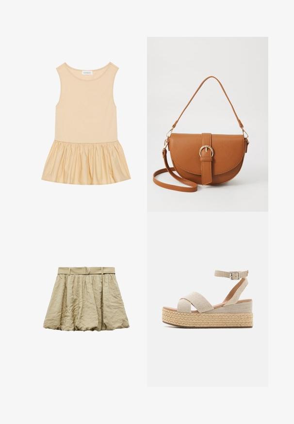Top bez rękawów z dopasowaną, prążkowaną górną częścią w jasnym beżowym kolorze oraz rozkloszowaną, błyszczącą, marszczoną spódnicą w pasującym odcieniu.; Krótką plisowaną spódniczkę w jasnobeżowym kolorze, z szerokim pasem w talii i okrągłą metalową klamrą oraz teksturowanym wykończeniem.; Beżowe platformy espadryle z plecionym tekstylnym wierzchem, krzyżującymi się paskami, klamrą przykostkową oraz teksturowaną podeszwą owiniętą jutą.; Brązowa skórzana torba na ramię o zaokrąglonym kształcie, ze złotymi akcentami i zapięciem w formie klamry. Posiada odpinany pasek na ramię.
