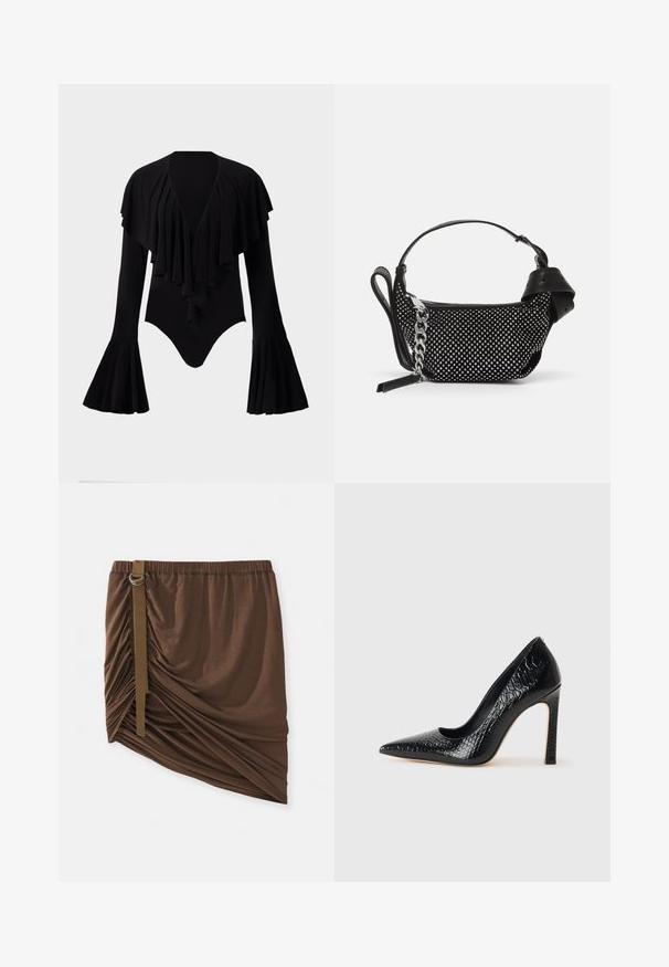 Black long-sleeve bodysuit with a deep V-neck, layered ruffle design across the chest, and bell sleeves. Smooth, stretchy fabric.; Brown knee-length skirt in a soft, lightweight fabric; features ruched detailing and a side strap with a metal ring accent.; Black pointed-toe high heel shoe with a crocodile-skin texture, featuring a sleek design, high stiletto heel, and smooth black interior.; Black handbag featuring studded embellishments, a chain strap, and a smooth leather handle, with a rounded shape and zipped compartment.