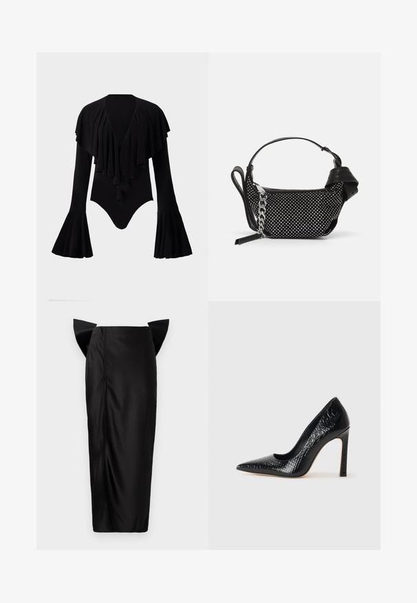 Melnas garās piedurknes bodijs ar dziļu V-veida izgriezumu, sagatavotu svītru dizainu pāri krūtīm un zvana formas piedurknēm. Gluda, elastīga auduma.; Melna midi svārku ar pieguļošu siluetu, ar unikāliem izplestiem paneļiem gurnos, gludu tekstūru un sānu rāvējslēdzēja detaļu.; Melni augstpapēžu apavi ar norādītu purngalu, ar krokodila ādas tekstūru, izceļoties ar elegantu dizainu, augstu stiletto papēdi un gludu melnu interjeru.; Melnā rokassomiņa ar studētiem rotājumiem, ķēdes siksniņu un gludas ādas rokturi, ar apaļu formu un ar rāvējslēdzēju aizveramu nodalījumu.