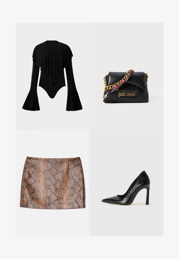 Black long-sleeve bodysuit with a deep V-neck, layered ruffle design across the chest, and bell sleeves. Smooth, stretchy fabric.; Alice + Olivia ELANA SNAKE SKIRT - Mini skirt - camel/black; Black pointed-toe high heel shoe with a crocodile-skin texture, featuring a sleek design, high stiletto heel, and smooth black interior.; Black leather handbag with a gold chain strap, featuring a patterned fabric accent, and a logo embossed on the front.