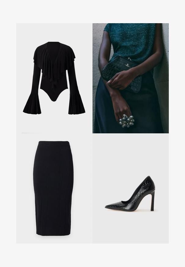 Body preto de manga longa com decote V profundo, design em camadas de babados na zona do peito e mangas balão. Tecido liso e elástico.; Saia preta em tecido texturizado, com detalhes em costura vertical e um silhueta ajustada. Logotipo discreto na cintura.; Sapato de salto alto de bico fino preto com textura de pele de crocodilo, apresentando um design elegante, salto agulha alto e interior preto suave.; Clutch bag preta com padrão de crocodilo e acessórios em prata, sostenida contra um fundo cinza texturizado. Apresenta uma superfície brilhante.