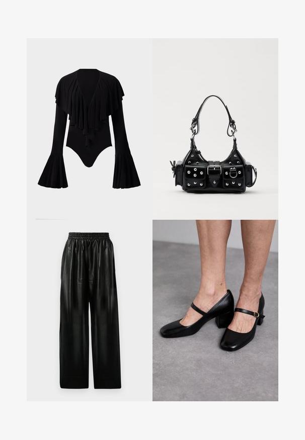 Melnas garās piedurknes bodijs ar dziļu V-veida izgriezumu, sagatavotu svītru dizainu pāri krūtīm un zvana formas piedurknēm. Gluda, elastīga auduma.; Melna ādas plata kāju bikses ar elastīgu jostu, ar divām sānu kabatām un gludu, spīdīgu tekstūru.; Stuart Weitzman Klasiski papēži - black; Melnas ādas rokturmais ar izliekumu, ar sudraba iedurtiem, sprādzi un divām sānu kabatām. Regulējams siksniņas garums dažādām nēsāšanas iespējām.