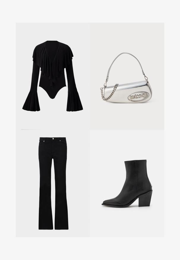 Fekete, hosszú ujjú body, mély V-nyakkivágással, rétegzett fodros díszítéssel a mellkasnál és harangujjakkal. Simább, rugalmas anyag.; Fekete, bővülő szárú farmernadrág, két elülső zsebből áll, gombos záródással és sima textúrával rendelkezik. A varrásoknál látható a jellegzetes öltés.; Fekete bőr bokacsizma hegyes orral, tömbsarkúval és diszkrét oldalDETAIL-lal. Simma felület minimalista dizájnnal.; Ezüst fémes kézitáska lekerekített háromszög alakú, logóval, láncos pánttal és sima textúrával. Oldalán cipzáras záródás.