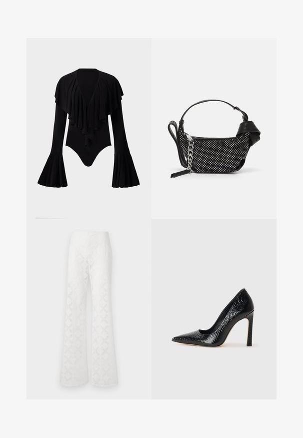 Bodysuit noir à manches longues avec un décolleté en V profond, un design à volants superposés sur la poitrine et des manches évasées. Tissu lisse et extensible.; Pantalons évasés blancs en tissu texturé présentant un motif en diamant. La taille est lisse, sans matériel ou accents visibles.; Escarpin noir à bout pointu avec texture en cuir de crocodile, présentant un design élégant, un haut talon aiguille et un intérieur noir lisse.; Sac à main noir avec des embellissements cloutés, une bandoulière en chaîne et une poignée en cuir lisse, de forme arrondie et avec un compartiment zippé.