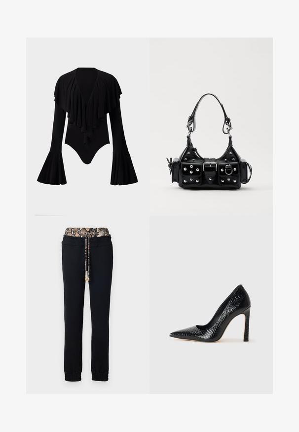 Svart långärmad bodysuit med djup V-ringning, lagerdesign med volanger över bröstet och utstående ärmar. Mjuk, elastisk tyg.; Svarta träningsbyxor med elastiskt midjeband och ett mönster med ormar. Inkluderar en dragkedja och elastiska mudd.; Svart spetsig högklackad sko med krokodilskinnsstruktur, som har en elegant design, hög stilettklack och en slät svart innersula.; Svart läderhandväska med en kurvad design, prydd med silverfärgade nitar, ett spänne och två sidofickor. Justerbar rem för olika bäralternativ.