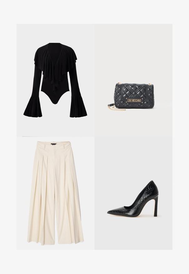 Body negro de manga larga con escote en V profundo, diseño de volantes en capas en el pecho y mangas acampanadas. Tela suave y elástica.; Alice + Olivia SIMON WIDE LEG TROUSER - Pantalones - solid oatmeal; Zapato de tacón alto negro con punta afilada y textura de piel de cocodrilo, que presenta un diseño elegante, un alto tacón de aguja y un interior negro suave.; Bolso acolchado negro de Love Moschino con cadena de oro y placa del logo dorada en la tapa frontal.