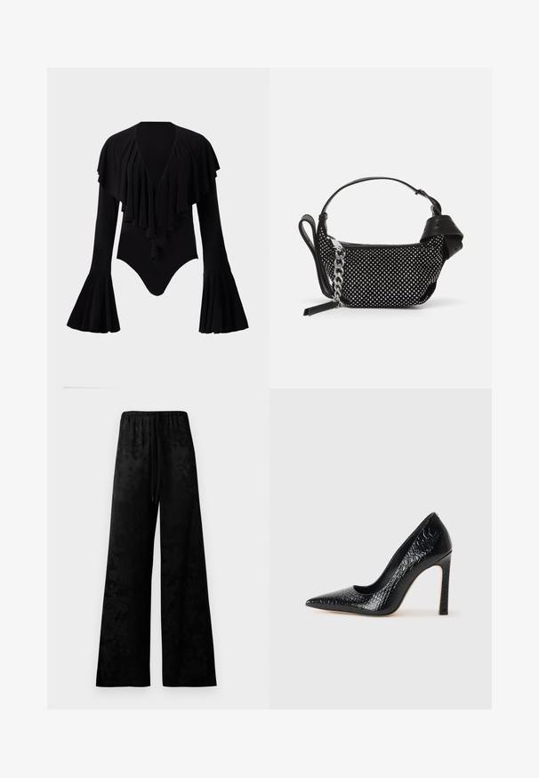 Body preto de manga longa com decote V profundo, design em camadas de babados na zona do peito e mangas balão. Tecido liso e elástico.; Calças largas pretas feitas de tecido suave, com uma cintura elástica, detalhe de cordão e um padrão floral subtil.; Sapato de salto alto de bico fino preto com textura de pele de crocodilo, apresentando um design elegante, salto agulha alto e interior preto suave.; Bolsinha preta com adornos de tachas, uma alça de corrente e uma pega em couro liso, com um formato arredondado e um compartimento com fecho.