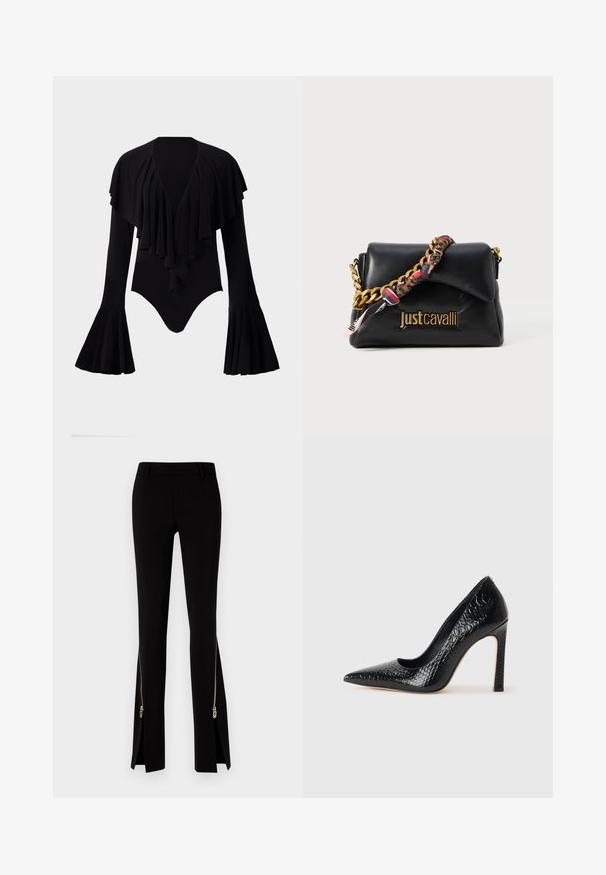 Schwarzer Langarm-Body mit tiefem V-Ausschnitt, geschichteten Rüschendesign über der Brust und Glockenärmel. Glatter, elastischer Stoff.; DSQUARED2 ICON TRUMPET PANT - Stoffhose - black; Schwarzer, spitz zulaufender High Heel mit Krokodilleder-Struktur, elegantem Design, hohem Stiletto-Absatz und glattem schwarzen Innenraum.; Schwarze Lederhandtasche mit einem goldenen Kettenriemen, ausgestattet mit einem gemusterten Stoffakzent und einem auf der Vorderseite prägierten Logo.