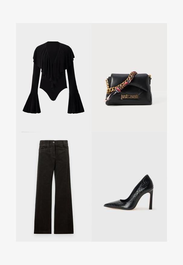 Black long-sleeve bodysuit with a deep V-neck, layered ruffle design across the chest, and bell sleeves. Smooth, stretchy fabric.; Black corduroy wide-leg pants featuring front pockets, a button closure, and vertical ribbed texture. Smooth fabric with a subtle sheen.; Black pointed-toe high heel shoe with a crocodile-skin texture, featuring a sleek design, high stiletto heel, and smooth black interior.; Black leather handbag with a gold chain strap, featuring a patterned fabric accent, and a logo embossed on the front.