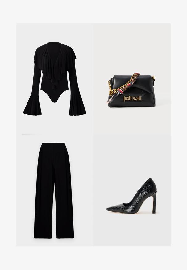 Črn bodi z dolgimi rokavi in globokim V-izrezom, ki ima večplastni dizajn volanov čez prsi ter zvonaste rokave. Gladek, elastičen material.; Široke črne hlače z visokim pasom, ki se ponašajo z gladko teksturo in čistimi linijami. Brez vidnih zapenjal ali vzorcev.; Črne čevlje z visoko peto in konico v obliki puščice, z teksturo krokodilje kože, ki se ponašajo s sleek oblikovanjem, visokim stiletto peto in gladkim črnim notranjostjo.; Črna usnjena torbica z zlatim verižnim trakom, ki ima poudarek iz vzorčaste tkanine, in logotipom vtisnjenim na sprednji strani.