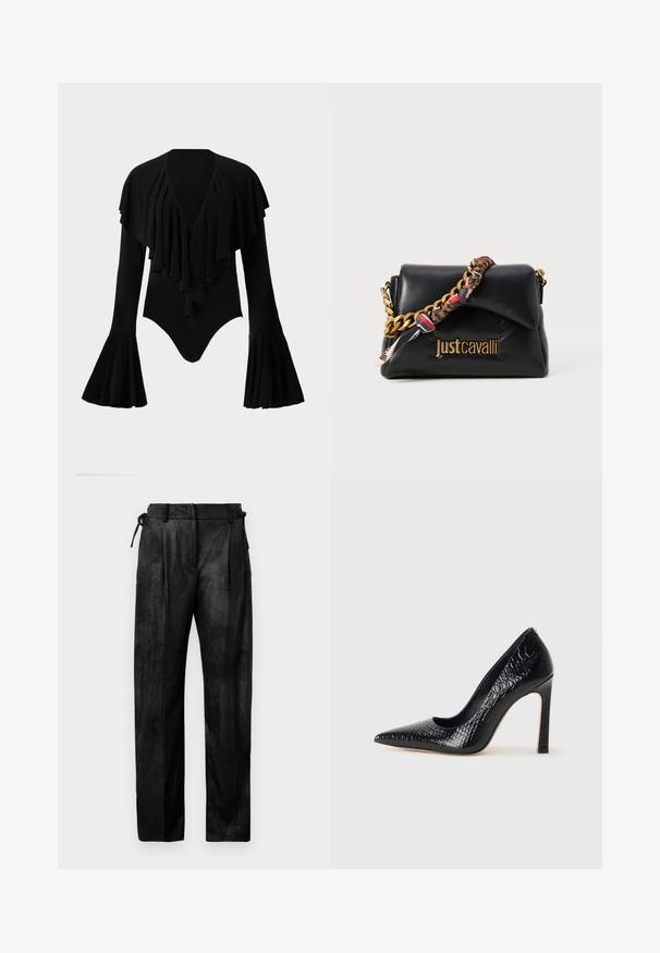 Musta pitkähihainen body, jossa on syvä V-aukko, kerroksellinen röyhelömuotoilu rinnassa ja kellohihat. Sileä, joustava kangas.; Mustat, korkeavyötäröiset housut, jotka on valmistettu teksturoidusta materiaalista. Ominaisuuksia ovat suora lahje, poimutukset ja säädettävä nyöri vyötäröllä.; Musta kapea nilkkakorkokenkä krokotiilin nahkakuviolla, joka on varustettu tyylikkäällä muotoilulla, korkealla stiletto-korkealla ja sileällä mustalla sisäosalla.; Musta nahkalaukku, jossa on kultaketjuolkaimia, kuvioitu kangasviimeistely ja etupuolella kohokuvioitu logo.