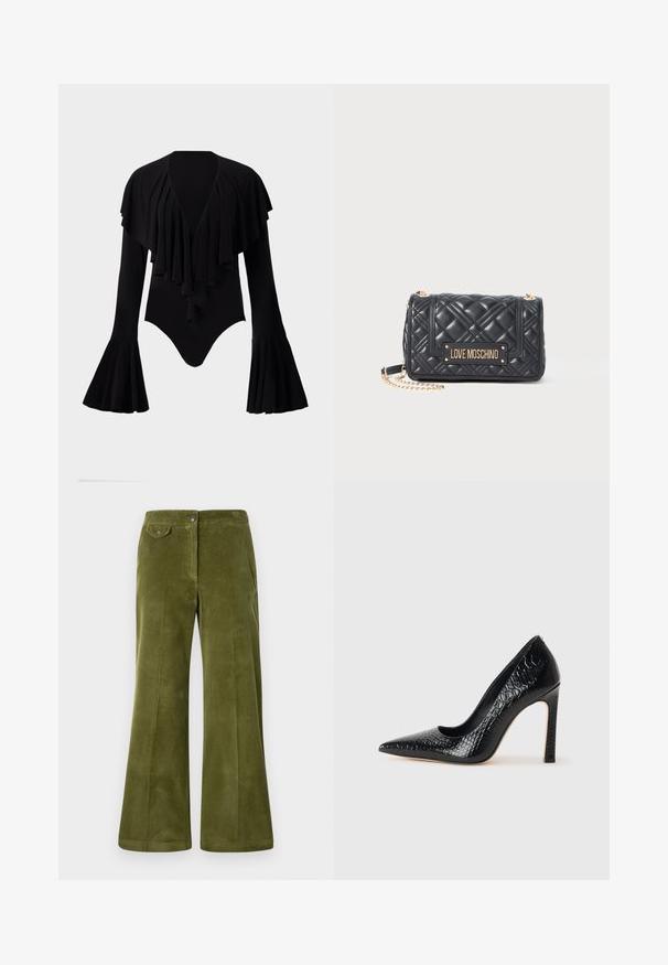 Černý bodysuit s dlouhým rukávem a hlubokým výstřihem do V, s vrstveným designem volánů na hrudi a zvonovými rukávy. Hladká, elastická tkanina.; Olivově zelené kordové kalhoty s rozšířenými nohavicemi, hladkým povrchem, předními kapsami a zapínáním na knoflík. Po celé délce svislý žebrovaný vzor.; Černý lodičkový bot s špičatou špičkou, pokrytý texturou krokodýlí kůže, s elegantním designem, vysokým stiletto podpatkem a hladkým černým interiérem.; Černá prošívaná kabelka Love Moschino se zlatým řetězovým popruhem a zlatou brandovou destičkou na přední klopě.