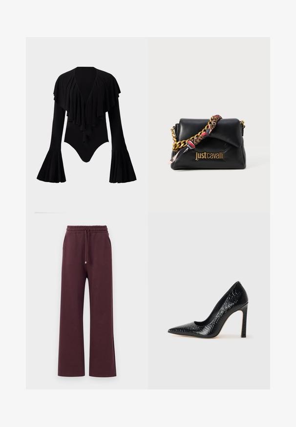 Black long-sleeve bodysuit with a deep V-neck, layered ruffle design across the chest, and bell sleeves. Smooth, stretchy fabric.; Burgundy wide-leg pants with an elastic waistband, drawstring, and side pockets. Made from soft, smooth fabric with a relaxed fit.; Black pointed-toe high heel shoe with a crocodile-skin texture, featuring a sleek design, high stiletto heel, and smooth black interior.; Black leather handbag with a gold chain strap, featuring a patterned fabric accent, and a logo embossed on the front.