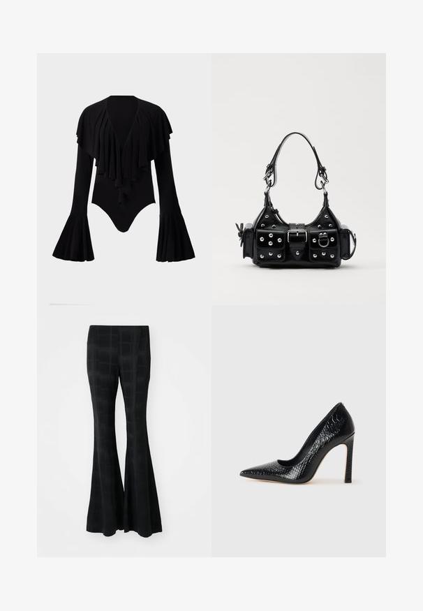 Sort langærmet bodysuit med dyb V-hals, lagdelt flæse-design over brystet og klokkeærmer. Glat, strækbart stof.; Sorte flagrende bukser lavet af et glat materiale med et ternet mønster, der skaber en subtil tekstur og skræddersyet pasform.; Sorte spidse tå stiletto-sko i krokodilleskind med et strømlinet design, høj hæl og glat sort inderside.; Sort læderhåndtaske med et buet design, prydet med sølvfarvede nitter, en spænde og to sidelommer. Justerbar rem til forskellige bære muligheder.
