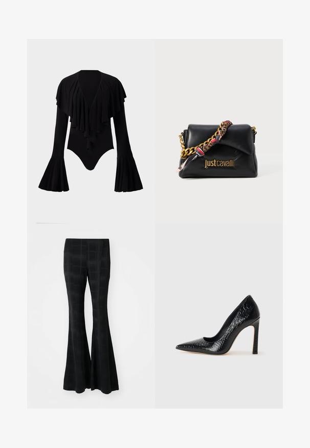 Crna bodi s dugim rukavima, dubokim V-izrezom, slojevitim volanima preko prsnog dijela i rukavima u obliku zvona. Glatka, elastična tkanina.; Crne flare hlače izrađene od glatkog materijala, s kariranim uzorkom koji stvara suptilnu teksturu i krojen izgled.; Crne visoke potpetice s oštrim prstima, od teksture krokodilske kože, elegantnog dizajna, visoke stiletto potpetice i glatkog crnog unutrašnjosti.; Crna kožna torba s zlatnom lancem, koja ima naglašeni uzorak na tkanini i utisnutim logotipom sprijeda.