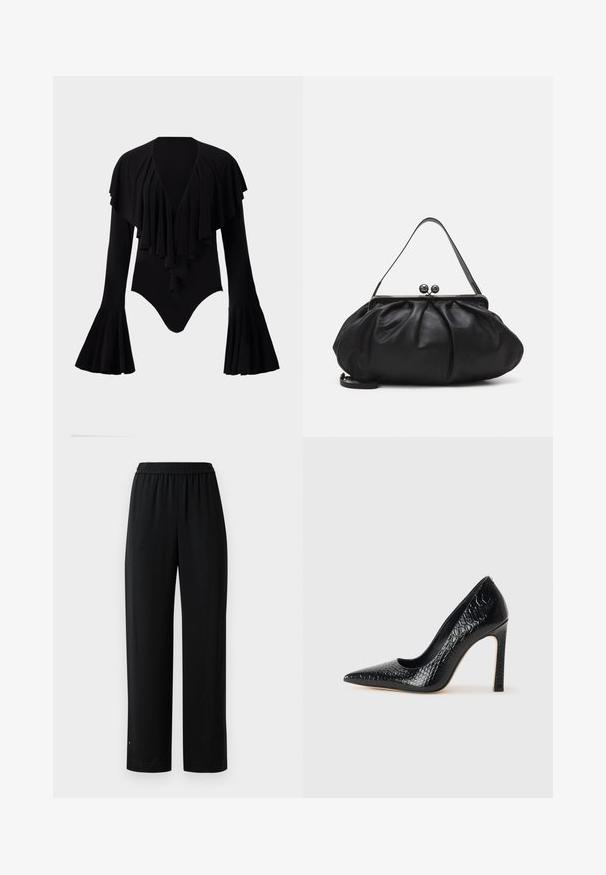 Body a maniche lunghe nero con scollatura a V profonda, design a strati con ruches sul petto e maniche a campana. Tessuto liscio e elastico.; Pantaloni neri a gamba larga realizzati in un tessuto morbido con cintura elastica. Presentano una vestibilità dritta e dettagli minimi. Adatti per un abbigliamento casual.; Scarpa nera con punta a punta alta in pelle di coccodrillo, caratterizzata da un design elegante, alto tacco a spillo e interno nero liscio.; Borsa a mano in pelle nera con un design arrotondato e plissettato. Presenta una chiusura metallica con due palline decorative e una tracolla sottile e removibile.