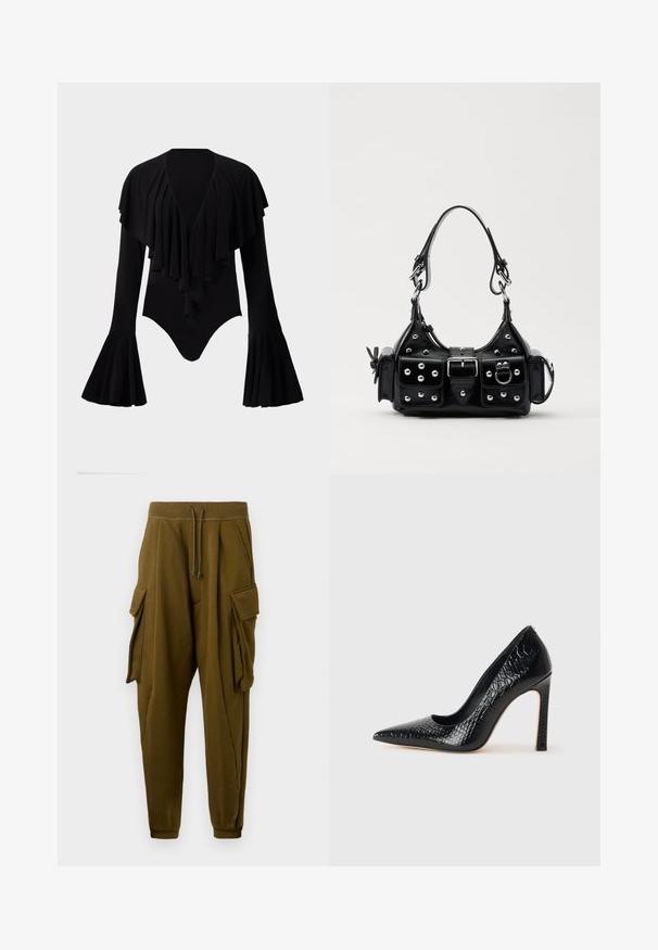 Juodas ilgomis rankovėmis bodis su giliu V formos iškirpimu, sluoksniuota volanų dizainu per krūtinę ir platėjančiomis rankovėmis. Lygus, tamprus audinys.; Alyvučių žalios jogger kelnės su raišteliu juosmenyje, dviem didelėm cargo kišenėm su viršeliais ant kiekvienos pusės ir raukšlėtomis kulkšnėmis.; Juoda smailiakulnė aukšto kulno bateliai su krokodilo odos tekstūra, pasižymintys elegantišku dizainu, aukštu stiletu kulnu ir lygia juoda vidine dalimi.; Juodas odinis rankinukas su kreiviu dizainu, su sidabro spalvos knopkėmis, užsegimu ir dviem šoninėmis kišenėmis. Reguliuojama dirželis nešimui.