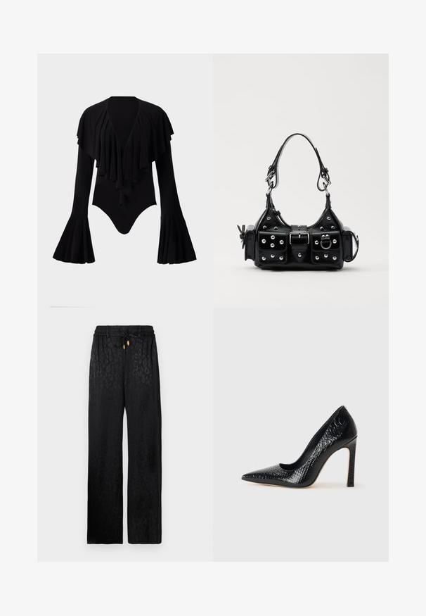 Juodas ilgomis rankovėmis bodis su giliu V formos iškirpimu, sluoksniuota volanų dizainu per krūtinę ir platėjančiomis rankovėmis. Lygus, tamprus audinys.; Juodos plačios kelnės iš lygaus audinio su subtiliu leopardų raštu, turinčios elastingą juosmenį ir reguliuojamą raištelį.; Juoda smailiakulnė aukšto kulno bateliai su krokodilo odos tekstūra, pasižymintys elegantišku dizainu, aukštu stiletu kulnu ir lygia juoda vidine dalimi.; Juodas odinis rankinukas su kreiviu dizainu, su sidabro spalvos knopkėmis, užsegimu ir dviem šoninėmis kišenėmis. Reguliuojama dirželis nešimui.