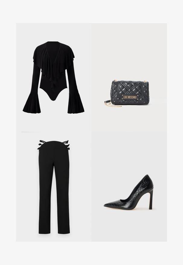 Musta pitkähihainen body, jossa on syvä V-aukko, kerroksellinen röyhelömuotoilu rinnassa ja kellohihat. Sileä, joustava kangas.; Mustat housut suoran lahkeen muotoilulla, joissa on vyötärö vyötärönauhamaisilla mustilla nauhakoristeilla takana. Sujuva kangas, jossa ei ole näkyviä kuvioita.; Musta kapea nilkkakorkokenkä krokotiilin nahkakuviolla, joka on varustettu tyylikkäällä muotoilulla, korkealla stiletto-korkealla ja sileällä mustalla sisäosalla.; Musta tyynytaskuinen Love Moschino -laukkukuvio kultaisella ketjuhihnalla ja kultaisella brändilogo-plaketti etuosan läpällä.