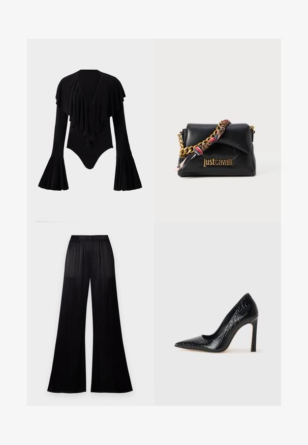 Black long-sleeve bodysuit with a deep V-neck, layered ruffle design across the chest, and bell sleeves. Smooth, stretchy fabric.; Black wide-leg pants made of smooth fabric, featuring an elastic waistband and two side seams for added structure.; Black pointed-toe high heel shoe with a crocodile-skin texture, featuring a sleek design, high stiletto heel, and smooth black interior.; Black leather handbag with a gold chain strap, featuring a patterned fabric accent, and a logo embossed on the front.
