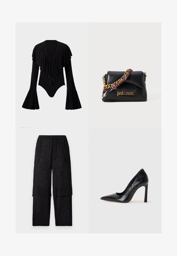 Must have pikka, pikad varrukad, sügava V-dekolteega, kihiliste volangidega disain rinnaosas ja kellukese varrukad. Sile, veniv kangas.; Henrik Vibskov SHANTS PANTS - Püksid - black; Mustan teravaotsaga kõrge kontsaga king, millel on krokodillimustriga tekstuur, stiilne disain, kõrge stilettokonts ja sile must sisesisustus.; Mustast nahkkotaskust kuldse ahelrihmaga, millel on mustriga kangasaktsent ja logoga tähistatud esikülg.