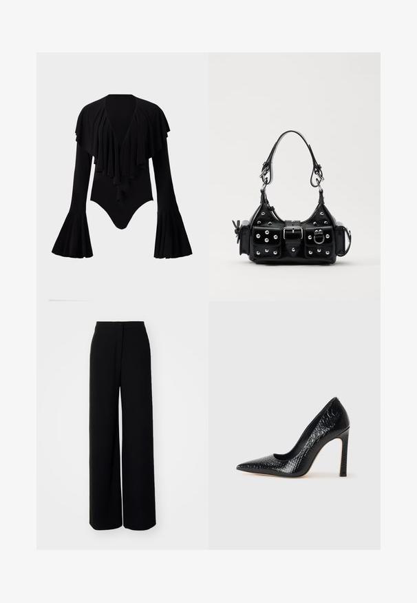 Bodysuit noir à manches longues avec un décolleté en V profond, un design à volants superposés sur la poitrine et des manches évasées. Tissu lisse et extensible.; Pantalons larges noirs à taille haute, en tissu lisse, avec fermeture à bouton à l'avant et sans poches visibles, offrant une coupe tailleur.; Escarpin noir à bout pointu avec texture en cuir de crocodile, présentant un design élégant, un haut talon aiguille et un intérieur noir lisse.; Sac à main en cuir noir au design courbé, avec des clous en argent, une boucle et deux poches latérales. Bandoulière réglable pour différentes options de transport.