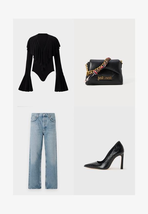 Body a maniche lunghe nero con scollatura a V profonda, design a strati con ruches sul petto e maniche a campana. Tessuto liscio e elastico.; Jeans in denim blu chiaro con vita alta, taglio a gamba larga e design a cinque tasche. Presentano una chiusura con bottone e un leggero effetto scolorito.; Scarpa nera con punta a punta alta in pelle di coccodrillo, caratterizzata da un design elegante, alto tacco a spillo e interno nero liscio.; Borsa a mano in pelle nera con tracolla in catena dorata, caratterizzata da un accento in tessuto con motivo e un logo impresso sul fronte.