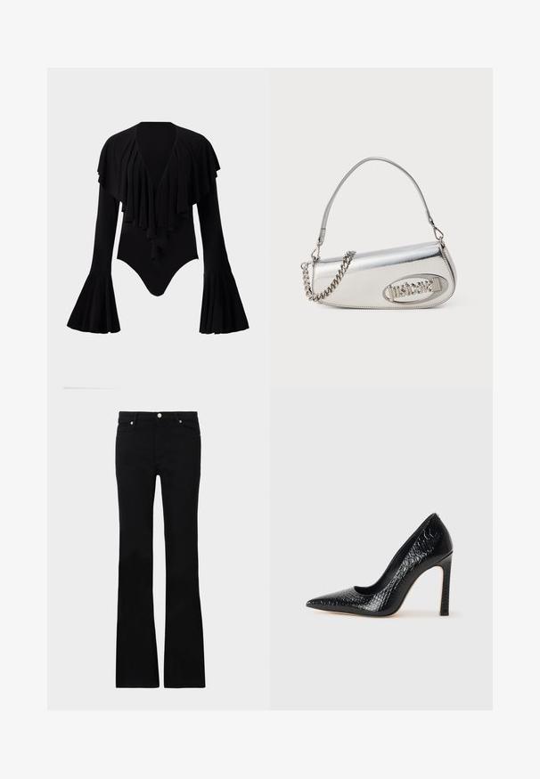 Bodysuit noir à manches longues avec un décolleté en V profond, un design à volants superposés sur la poitrine et des manches évasées. Tissu lisse et extensible.; Jean évasé noir en denim, avec deux poches avant, une fermeture à bouton et une texture lisse. Couture signature visible aux coutures.; Escarpin noir à bout pointu avec texture en cuir de crocodile, présentant un design élégant, un haut talon aiguille et un intérieur noir lisse.; Sac à main métallique argenté avec une forme triangulaire arrondie, comportant un logo, une chaîne en bandoulière et une texture lisse. Fermeture éclair sur le côté.
