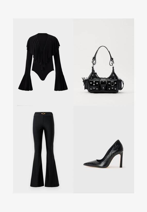 Juodas ilgomis rankovėmis bodis su giliu V formos iškirpimu, sluoksniuota volanų dizainu per krūtinę ir platėjančiomis rankovėmis. Lygus, tamprus audinys.; Juodos išsiplėtusios kelnės su lygiu paviršiumi, turinčios prigludusią juosmenį ir auksinę apvalią įdėklą priekyje. Pagamintos iš elastingos medžiagos.; Juoda smailiakulnė aukšto kulno bateliai su krokodilo odos tekstūra, pasižymintys elegantišku dizainu, aukštu stiletu kulnu ir lygia juoda vidine dalimi.; Juodas odinis rankinukas su kreiviu dizainu, su sidabro spalvos knopkėmis, užsegimu ir dviem šoninėmis kišenėmis. Reguliuojama dirželis nešimui.