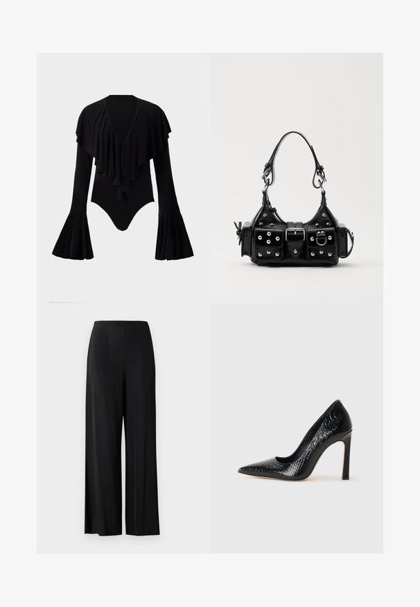 Fekete, hosszú ujjú body, mély V-nyakkivágással, rétegzett fodros díszítéssel a mellkasnál és harangujjakkal. Simább, rugalmas anyag.; Fekete, bő szárú nadrág sima anyagból, magas derekkal, látható zsebek vagy fém részletek nélkül. Padlóhosszú kialakítás.; Fekete hegyes orrú magassarkú cipő krokodilbőr textúrával, letisztult dizájnnal, magas tűsarkú és sima fekete belső résszel.; Fekete bőr kézitáska ívelt designnal, ezüst szegecsekkel, csattal és két oldalsó zsebbel. Állítható vállpánt a hordozási lehetőségekhez.