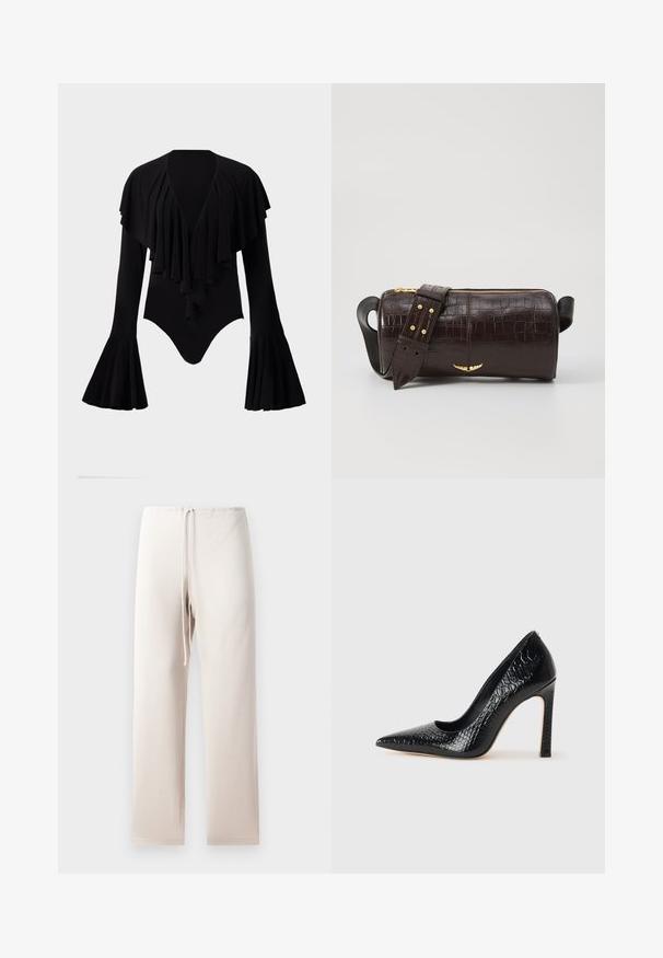 Crna bodi s dugim rukavima, dubokim V-izrezom, slojevitim volanima preko prsnog dijela i rukavima u obliku zvona. Glatka, elastična tkanina.; Svijetlosmeđi platneni hlače ravnog kroja, s elastičnom maramom i vezicom. Materijal izgleda mekano i glatko.; Crne visoke potpetice s oštrim prstima, od teksture krokodilske kože, elegantnog dizajna, visoke stiletto potpetice i glatkog crnog unutrašnjosti.; Smeđa torba od kože s embosiranim krokodilskim uzorkom, cilindričnog oblika, zlatne hardverske detalje i odvojivu naramenicu sa čavlima.